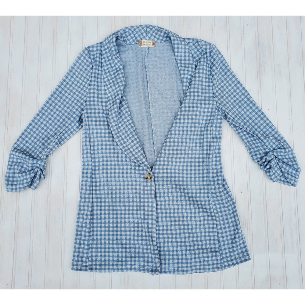 Altar'd State Blue Gingham Knit Blazer Stretch S Shawl Collar 3/4 Sleeves Preppy